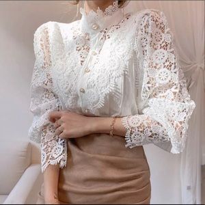 Lace blouse floral womens clothing long sleeve white